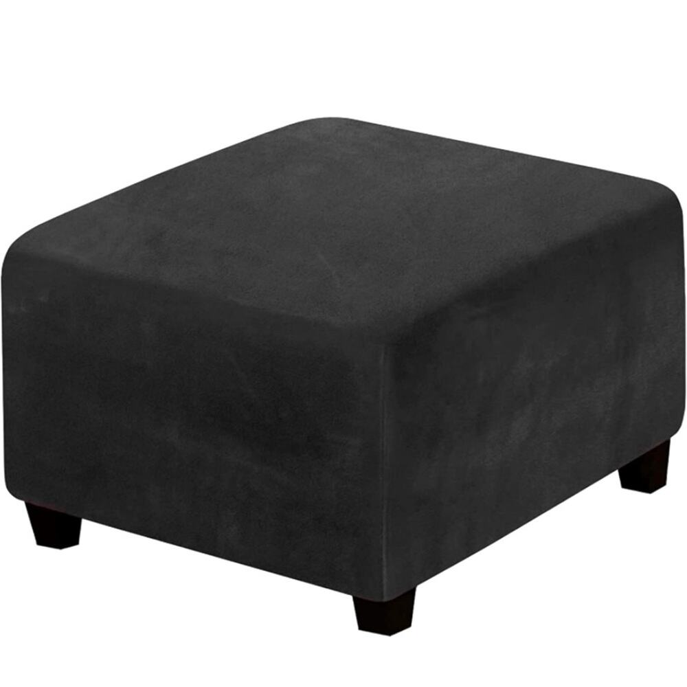 Black Velvet Plush Square Ottoman Slipcover Footrest Cover Stretch Size Standard
